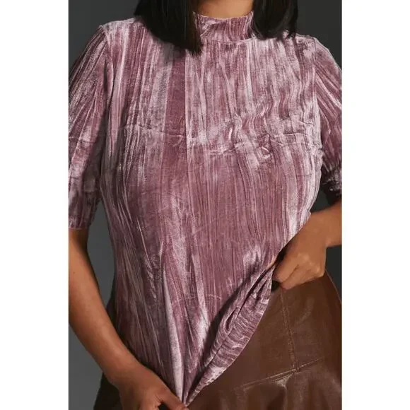 PILCRO Anthropologie Velveteen Mock Neck Top Sz Small Pink - Picture 3 of 8